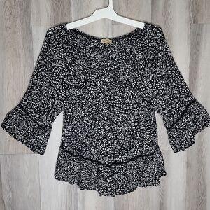 Democracy Womens Large Peplum Floral Blouse Ladder Lace Bell Sleeve Whimsical